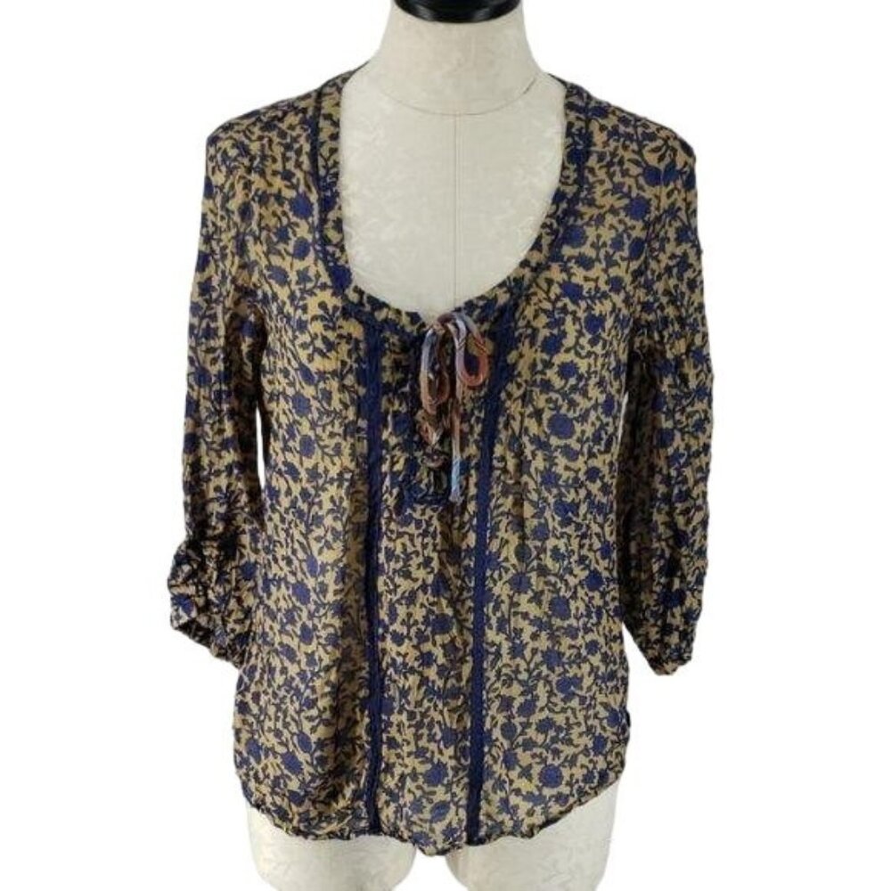 Boho-Chic Floral‎ Print Blouse W/ Tie Front & 3/4 Sleeves By DEPT  S